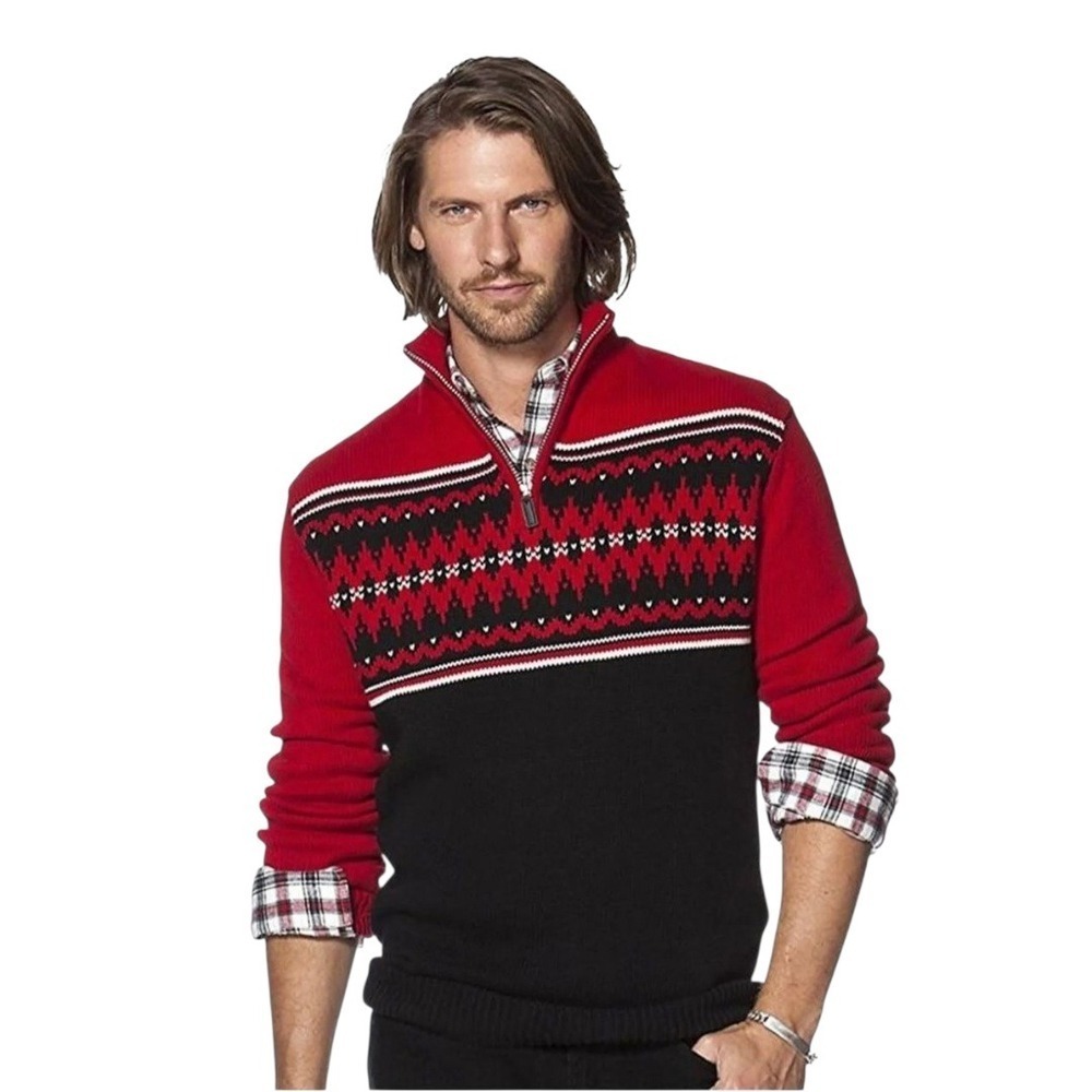 Chaps Red Fair Isle Knit Mock Neck Quarter Zip Sweater Sz XL